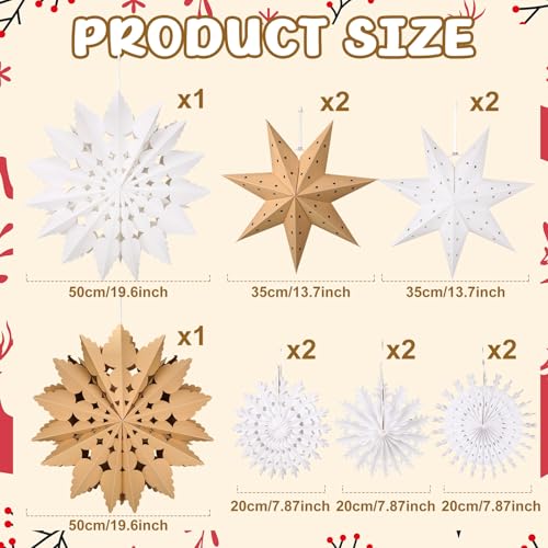 12 Pcs Paper Star Lantern 3D Christmas Paper Snowflake Lanterns White Hanging Lamp Ornaments for Xmas Tree New Year Holiday Party Decorations(White, Kraft)