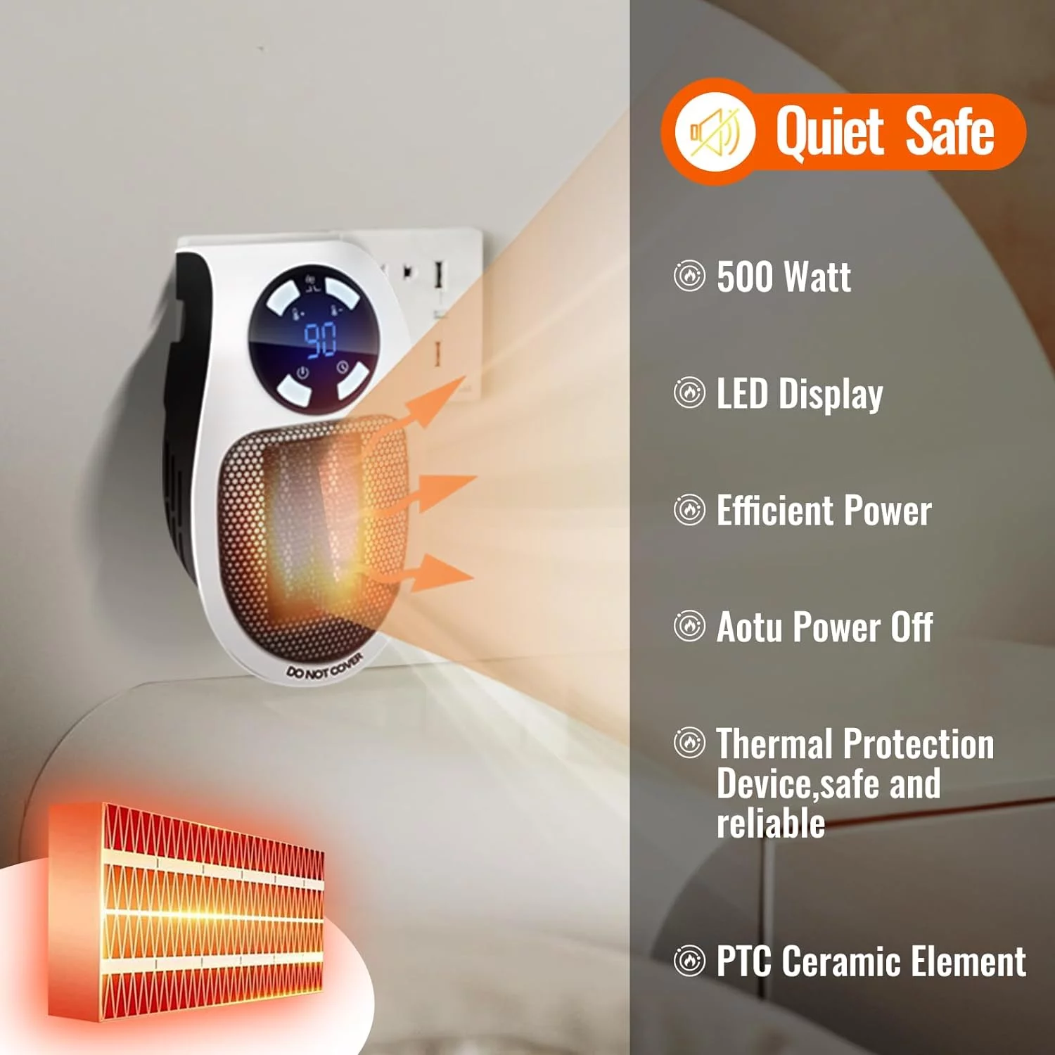 Upgrade Smart Wall Space Heater 500W/800W Portable Electric Small Heater With Adjustable Thermostat and Timer, Overheat Protection, LED Display,Safe Heater for Office Dorm Dog Room (White-500W)