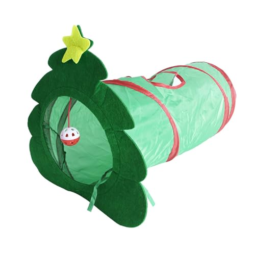 Christmas Tree Cat Tunnel – Holiday Collapsible Cat Play Tunnel with Festive Tree Shape, Peek Holes and Crinkle Toy Fun