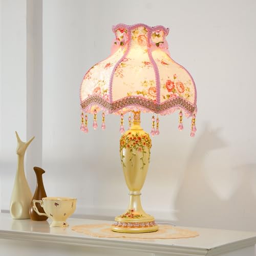 Retisee Victorian Flower Table Lamp Pink Floral Coquette Lamp with Vintage Lace Placemat Fabric Lampshade Beaded Fringe Antique Lovely Decorative Princess Bedside Night Light for Bedroom Nightstand