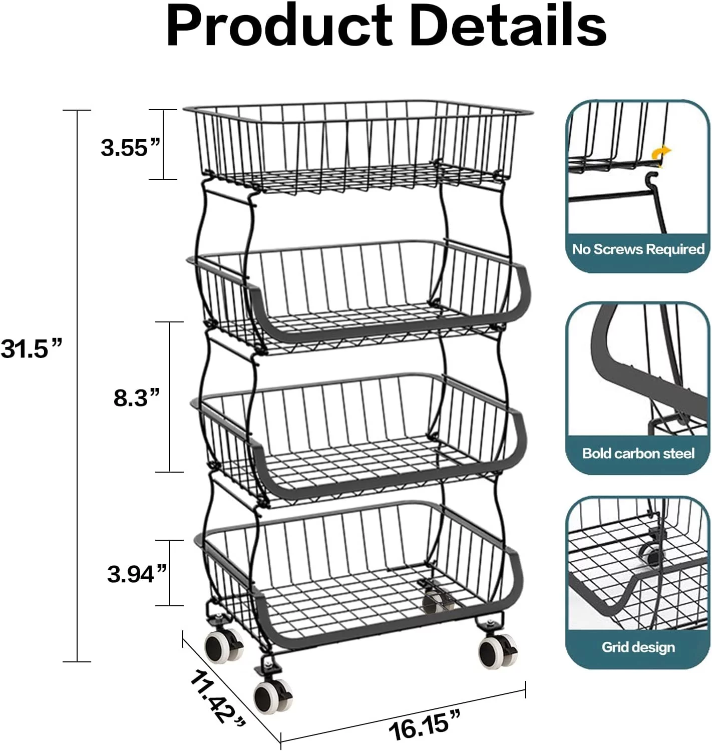 Luosen 4 Tier Fruit Vegetable Basket for Kitchen, Stackable Fruit and Vegetable Storage Trolley, Vegetable Organiser, Product Basket, Metal Wire Storage Baskets with Wheels, Black
