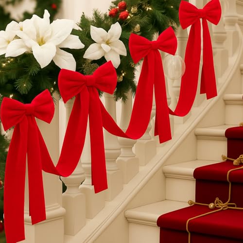 Civaner 16.4 ft Christmas Velvet Bow Garland Staircase Decorations with 6 Pcs 27.5 Inch Large Bow for Stair Railing Fireplace Fence Mantle Holiday Decor Xmas Indoor Outdoor(Green)