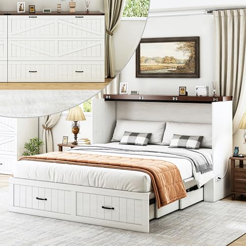 Full Murphy Bed with Storage & Charging Station, Farmhouse Murphy Cabinet Bed with Large Drawer, Hideaway Foldable Platform Bed for for Guest Room, Bedroom, Home Office, Mattress Not Included, White