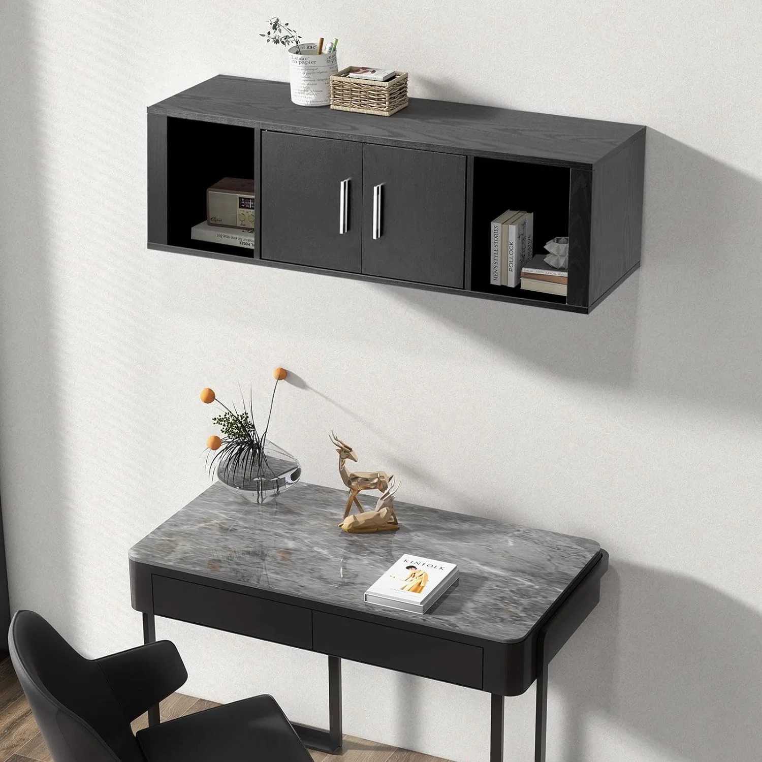 Wall Mounted Storage Cabinet 2 Cube Floating Media Hanging Desk W/2 Doors and 2 Open Shelves, Home Office Furniture for Kitchen, Bathroom, Living Room Floating Console Hutch (Black)