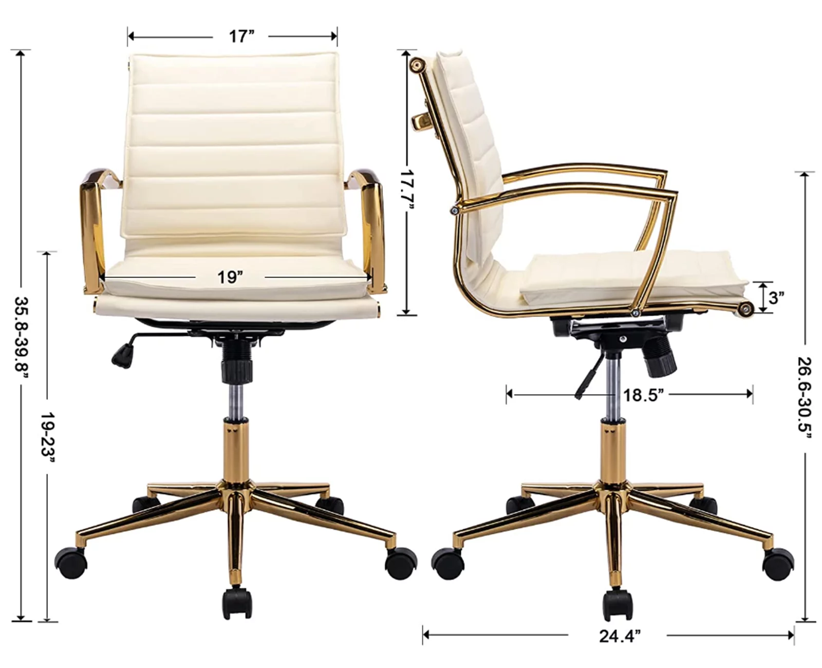 Guyou Faux Leather Swivel Office Chair, Modern Wide Seat Adjustable Height Computer Desk Chair with Backrest and Wheels, Ergonomic Task Chair Conference Chair with Armrests and Gold Metal Base, Beige