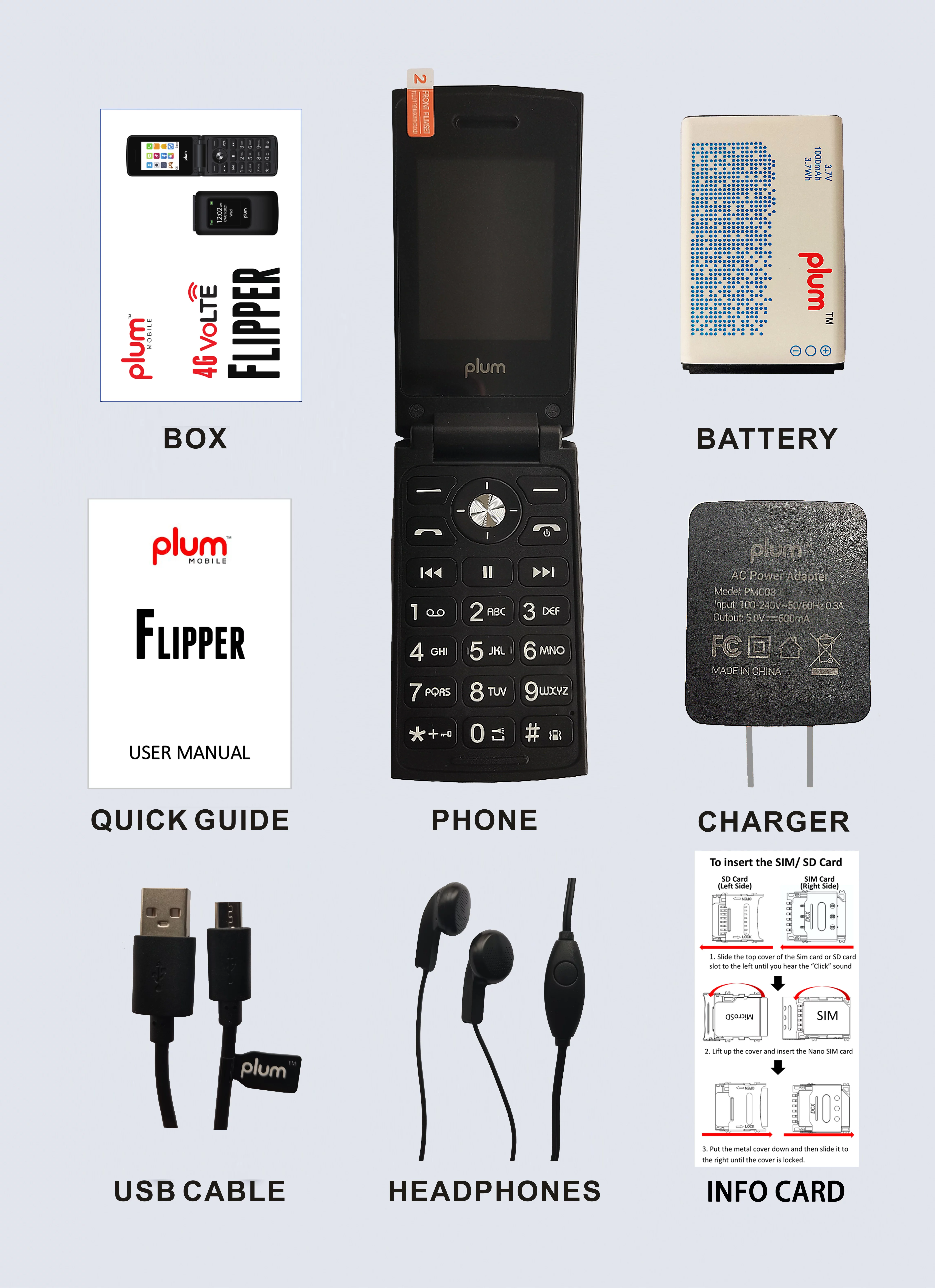 Flip Phone | Plum FLIPPER 4G VOLTE | Unlocked 2022 Model | + Sim Card from Speed Talk $11 Month Unlimited