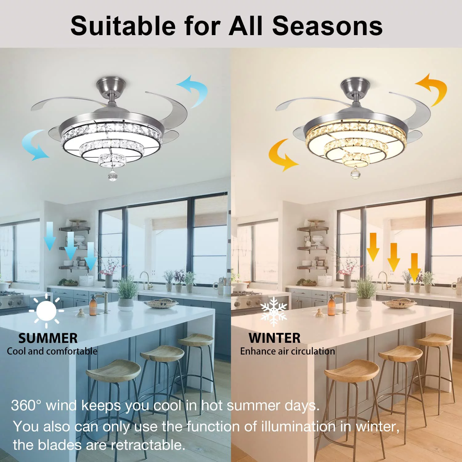 DingLiLighting Crystal Ceiling Fan with Light and Remote, LED Invisable Ceiling Fan Chandeliers, Low Profile Ceiling Fan for Bedroom, Dining Room, Color Changeable, 3-Blade,Silver