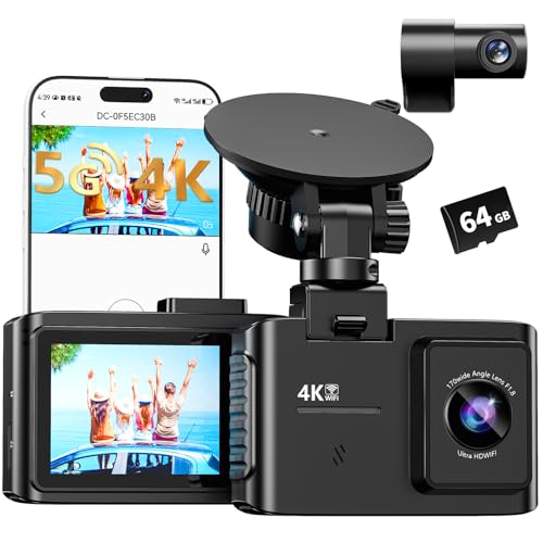 Dash Cam Front and Rear: 4K Dual Channel Dash Cam - 5GHz WiFi, Dash Camera for Cars with 64GB Card, 2.0