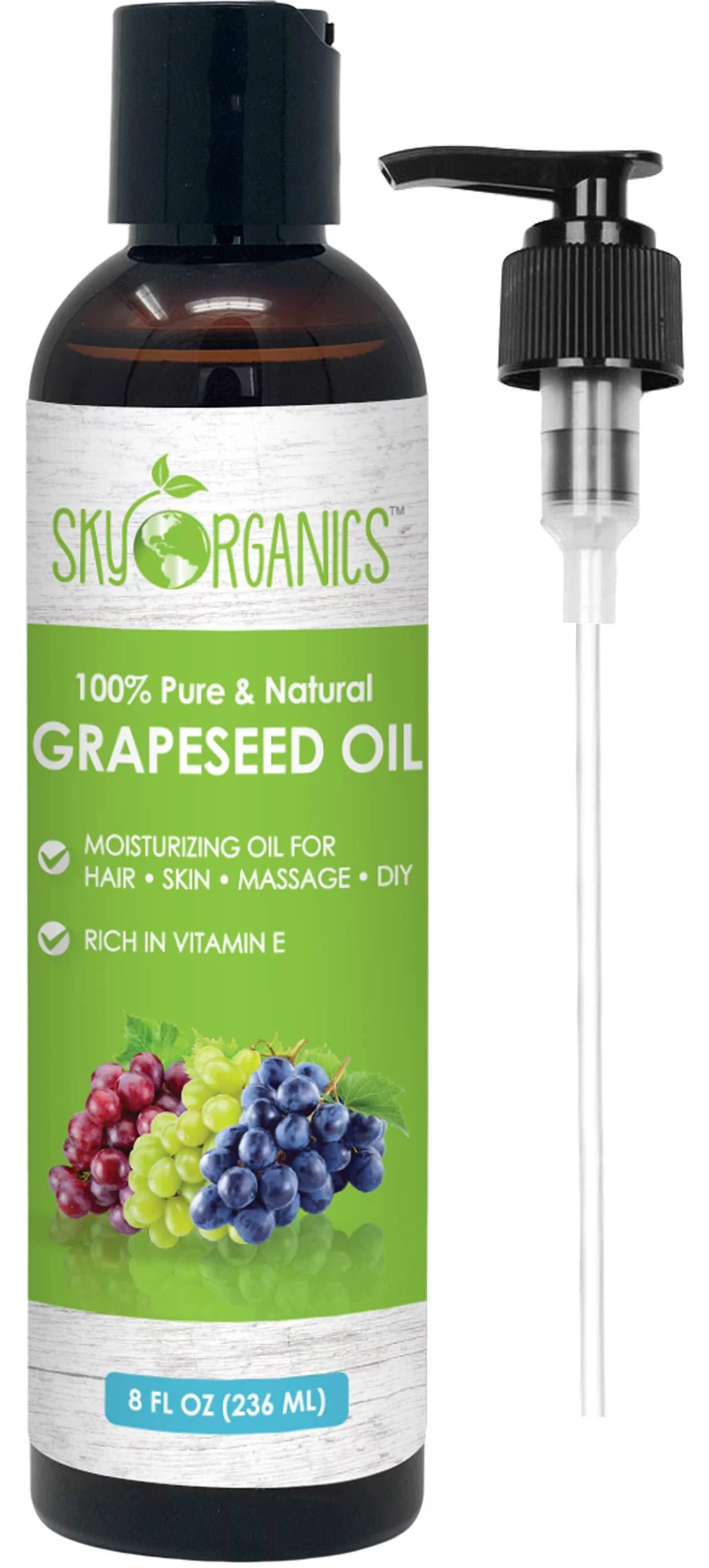 Grapeseed Oil by Sky Organics - 100% Pure, Natural & Cold-Pressed Grapeseed Oil - Ideal for Massage, Cooking and Aromatherapy- Rich in Vitamin A, E and K- Helps Reduce Wrinkles - 8oz