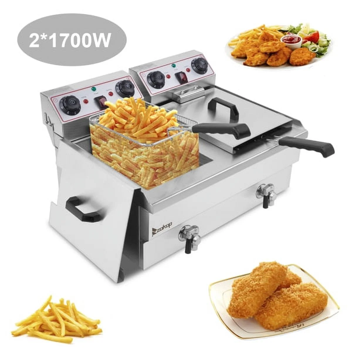 SYTHERS Electric Deep Fryer,EH102V 16.9QT/16L Total Capacity 24.9QT/23.6L Stainless Steel Faucet Double Tank Deep Fryer 3400W MAX (8L 8L Big Blue/Large Handle)