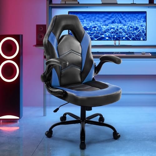 Gaming Ergonomic Office Chair for Adults, Height Adjustable Computer Desk Chair with Flip-up Armrests, PU Leather Swivel Video Game Chair with 360° Rolling Wheels, Blue
