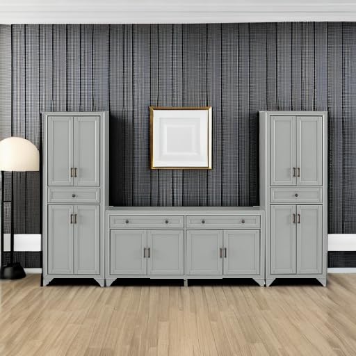 Crosley Furniture Tara 3-Piece Modern Farmhouse Sideboard Buffet Cabinet and Kitchen Storage Pantry Set, Distressed Gray
