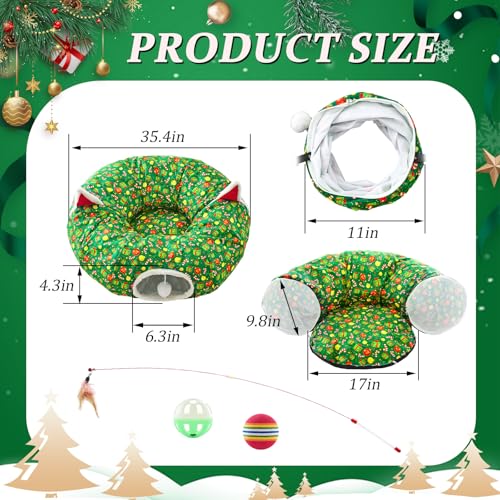 Cat Tunnel Christmas Tree Skirt Cat Donut Tunnel Bed for Indoor Cats with Cats Toy Ball for Small Medium Kitten Puppy Under Xmas Trees Decor Gift