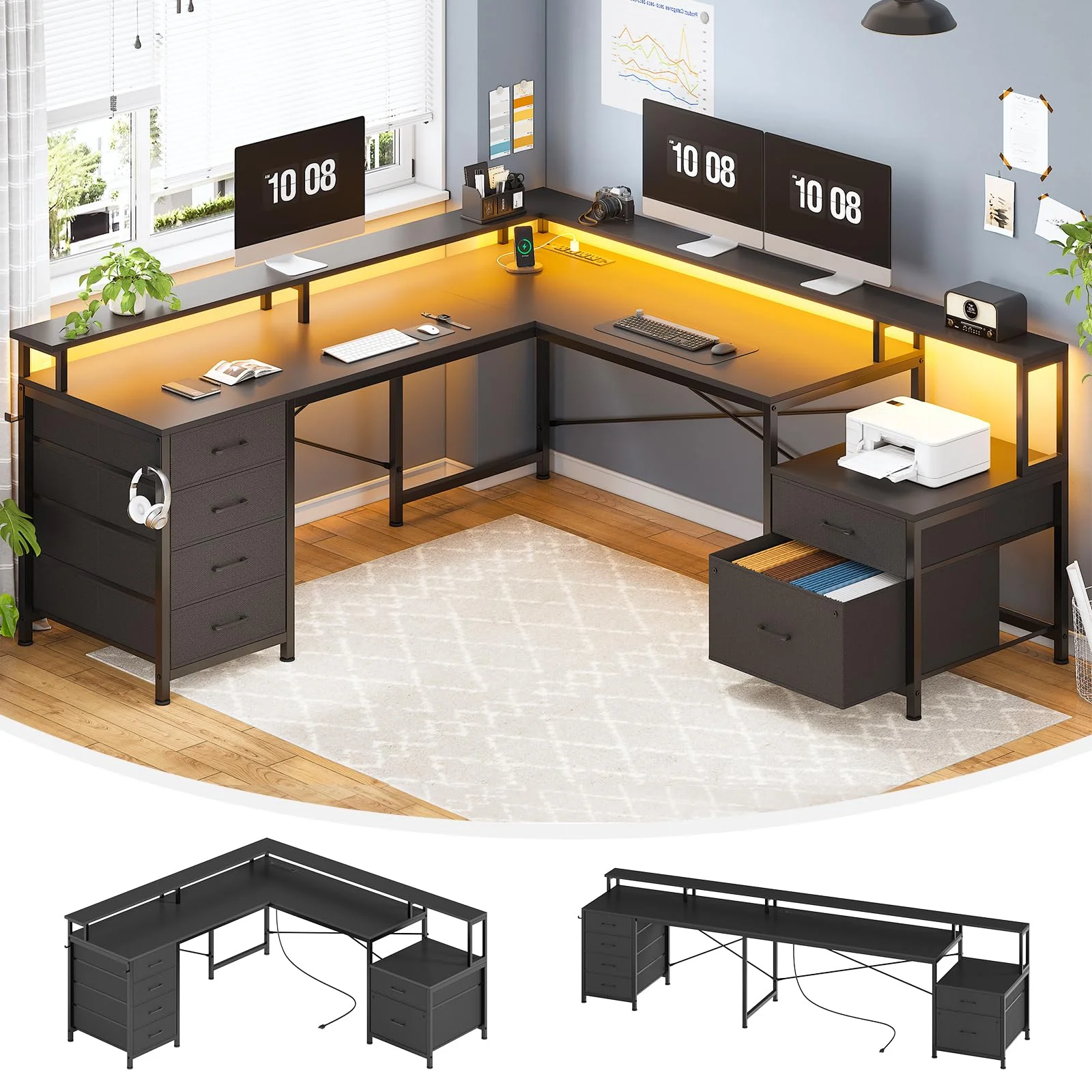 Afuhokles L Shaped Computer Desk with 6 Drawers, Corner Home Office Desk with File Drawers, Black