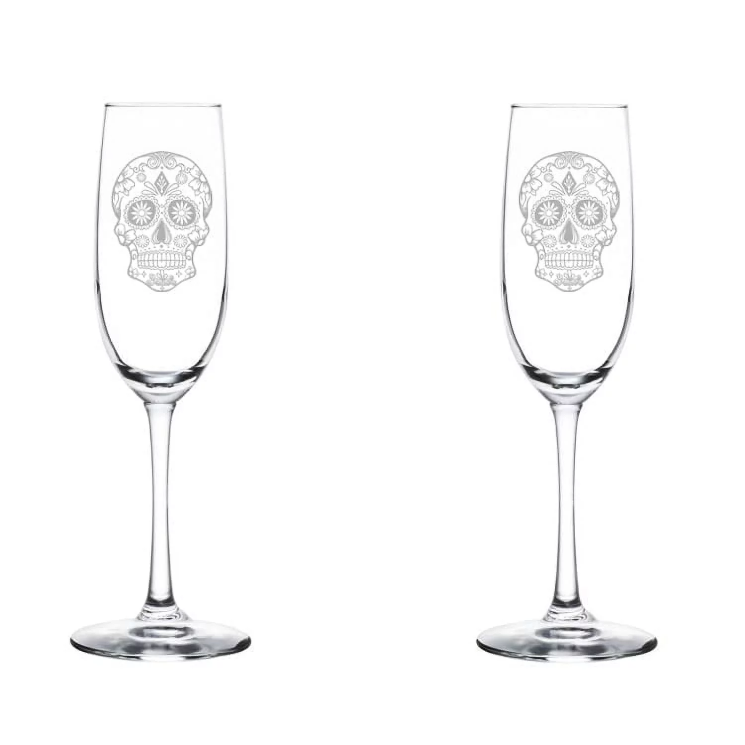 Set of 2 Glass Champagne Flutes Sparkling Wine Glasses Sugar Candy Skull (8 oz Stemmed)