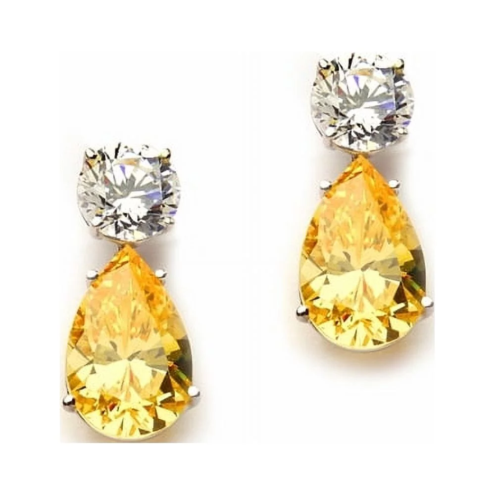 Prong Set Tear Drop Earrings with Artificial Pear Shape Canary and Round Brilliant Diamonds by Diamond Essence set in 14K White Gold