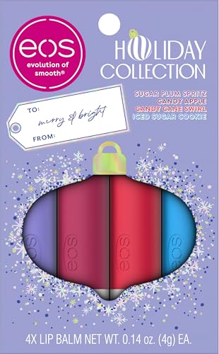 eos Holiday 24H Moisture Mini Super Balm Set, Sugar Plum Spritz, Candy Cane Swirl, Iced Sugar Cookie, Limited Edition Lip Care, Stocking Stuffers, 0.24 fl oz, 3-pack