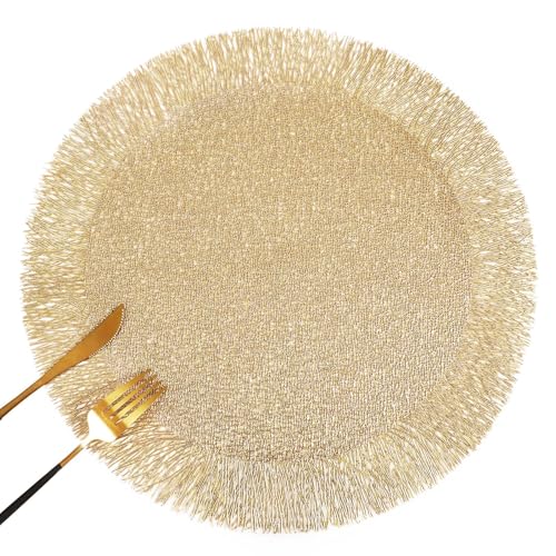 FAVE Gold Round Vinyl Placemats Set of 6, Washable Hollow Out Tassel Place Mats for Table Decoration, Daily Table Use, Holiday Decoration(15 inch,6PCS)