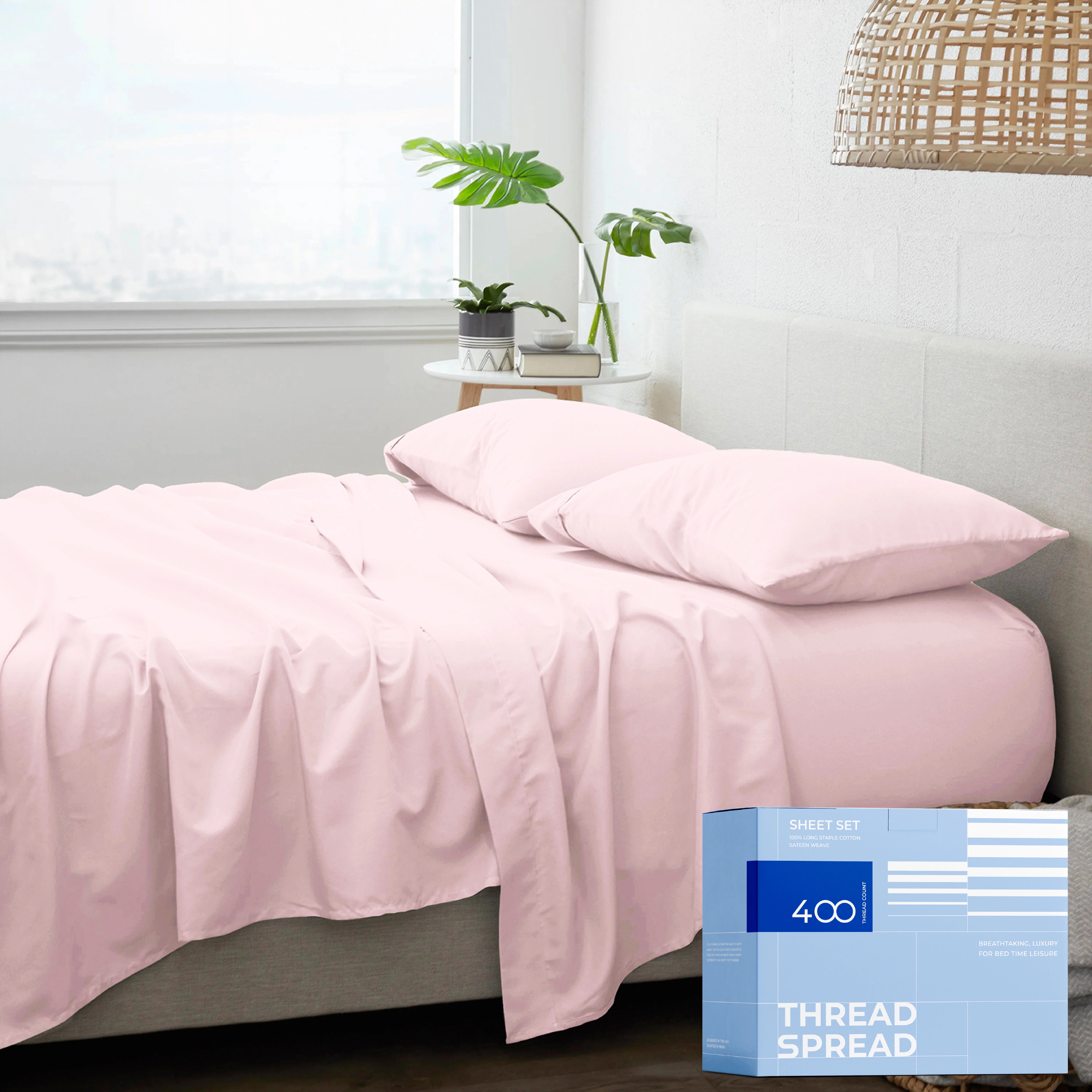Thread Spread Luxury Egyptian Cotton Sheets Full Size - 400 Thread Count Blush Full Bed Sheet 4 PC Set, Soft, Breathable Cooling Sheets, Fits upto 18
