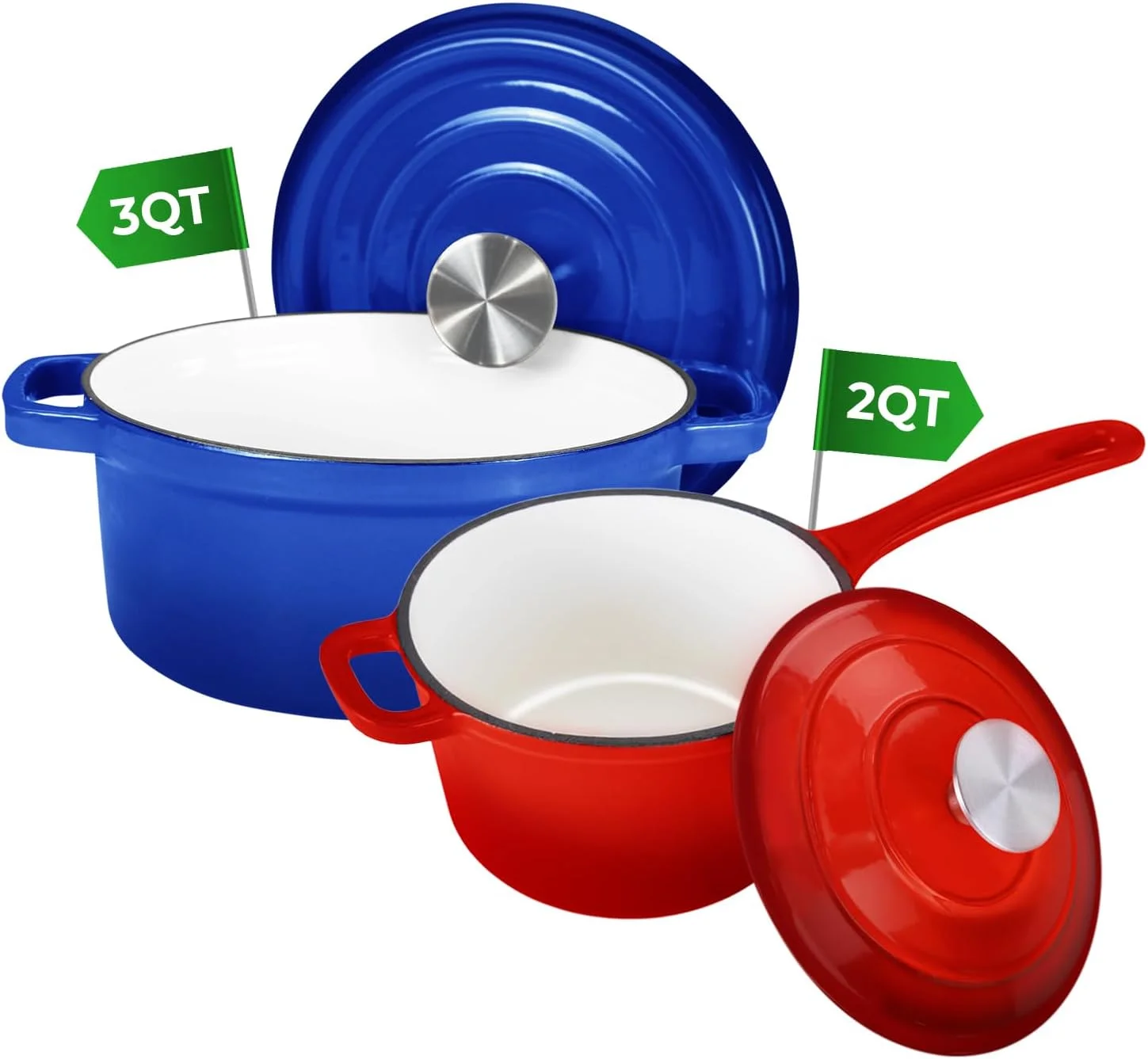 3 Qt Dutch Oven With Lid + 1 Qt Small Sauce Pan With Lid, Enameled Cast Iron Cookware Set, Smooth Enameled Finish, Easy To Clean, Suitable For All Cooktops Upto 500°F