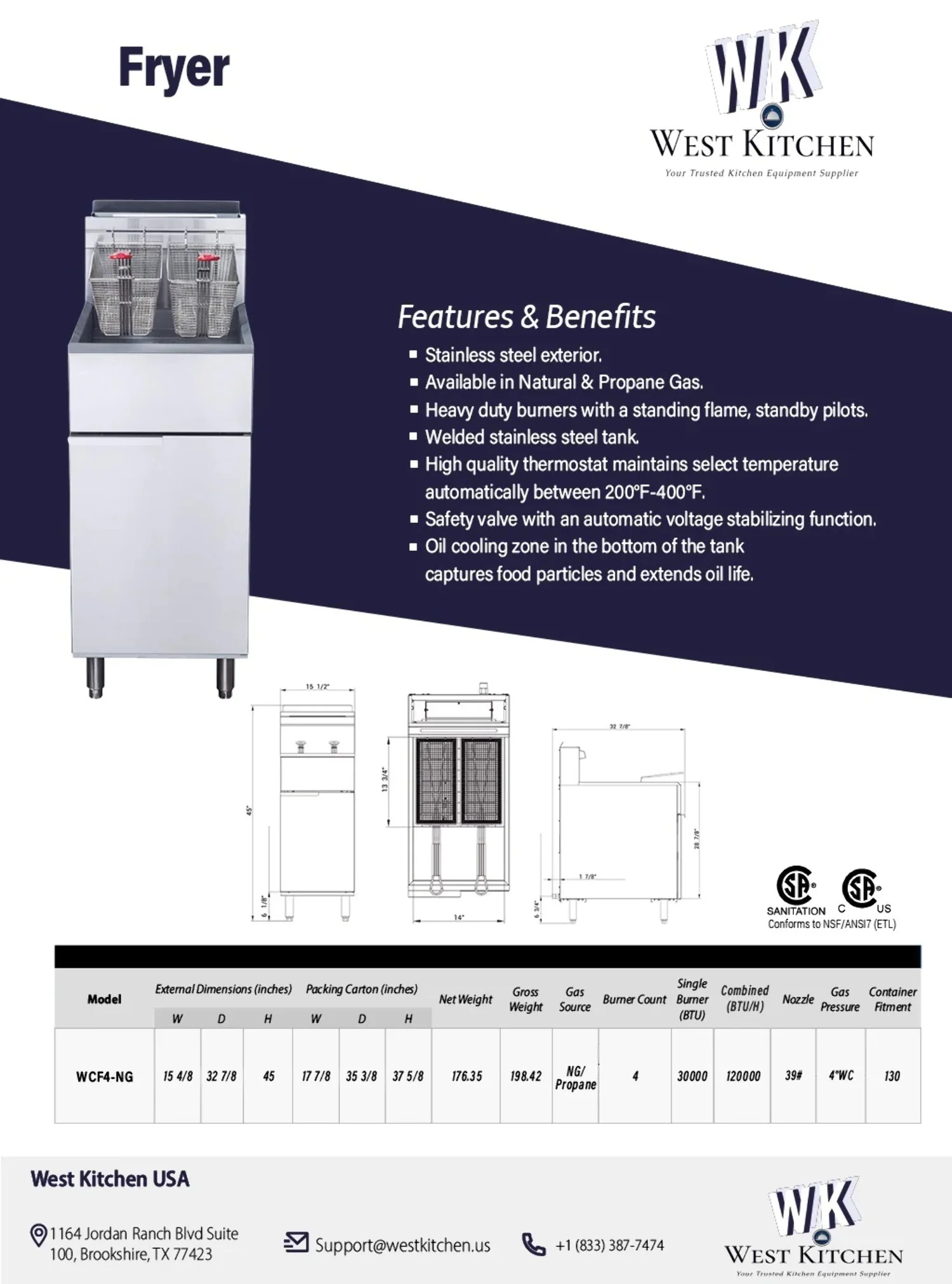 West Kitchen WCF4-NG 50lb. Natural Gas Deep Fryer with 4 Tube Burners