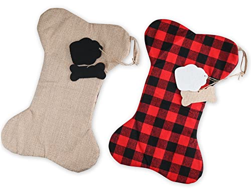 Ornativity Christmas Plaid Pet Stocking - Cute Buffalo Plaid Doggy Bone Paw Stockings for Puppy Dog Pets Set - Pack of 2