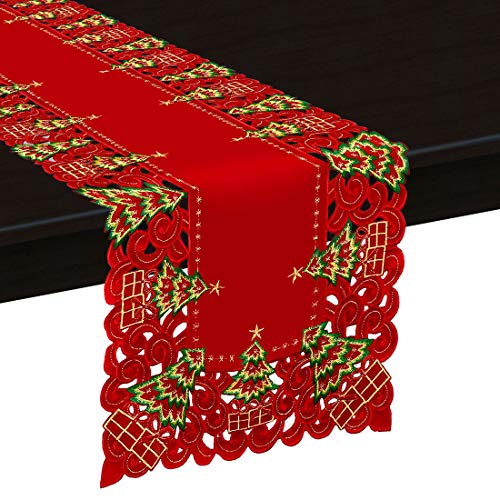 Grelucgo Embroidered Christmas Holiday Holly Tree Table Runner, Dresser Scarf, Rectangular 16 x 72 Inch