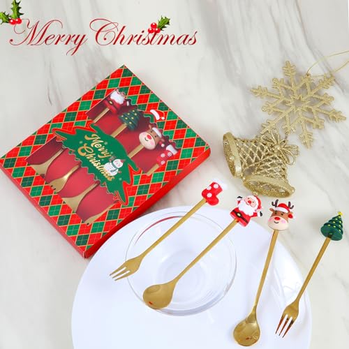 4 Pack Stainless Steel Christmas Coffee Spoon and Xmas Dinner Forks Set -Dessert Fruit Ice Cream Iced Tea Spoon, Cake Forks - Gifts for Christmas Party Supply (Big Size)