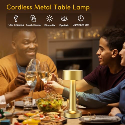 Portable LED Table Lamp, 3-Levels Brightness Metal Desk Lamp,3 Color Touch Control Rechargeable Lamp, Ideal Bedside Lamp for Nightstand,Bedroom, Living Room (Gold)