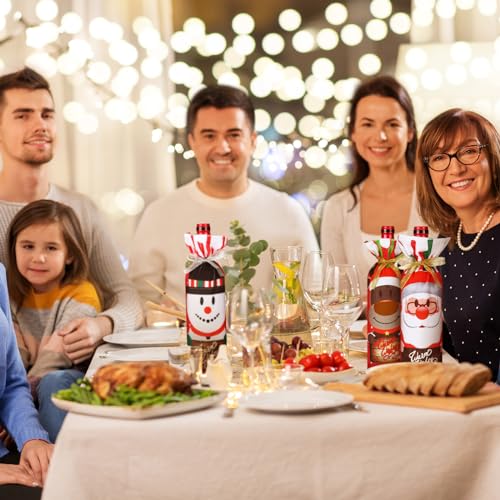 12 Pieces Christmas Wine Bottle Bags - Sweater Dress Sleeve, Burlap Santa Covers, Plaid Drawstring Bags for Xmas Dining Table Decor (Bright Color, Santa Claus)