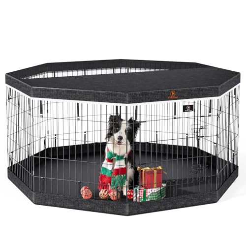 PJYuCien Dog Playpen, 8 Panels 30”H Dog Playpen Indoor with Grey Bottom Pad and Top Cover, Metal Foldable Dog Pen for Indoor Use, Better for Small Medium Animals, Grey