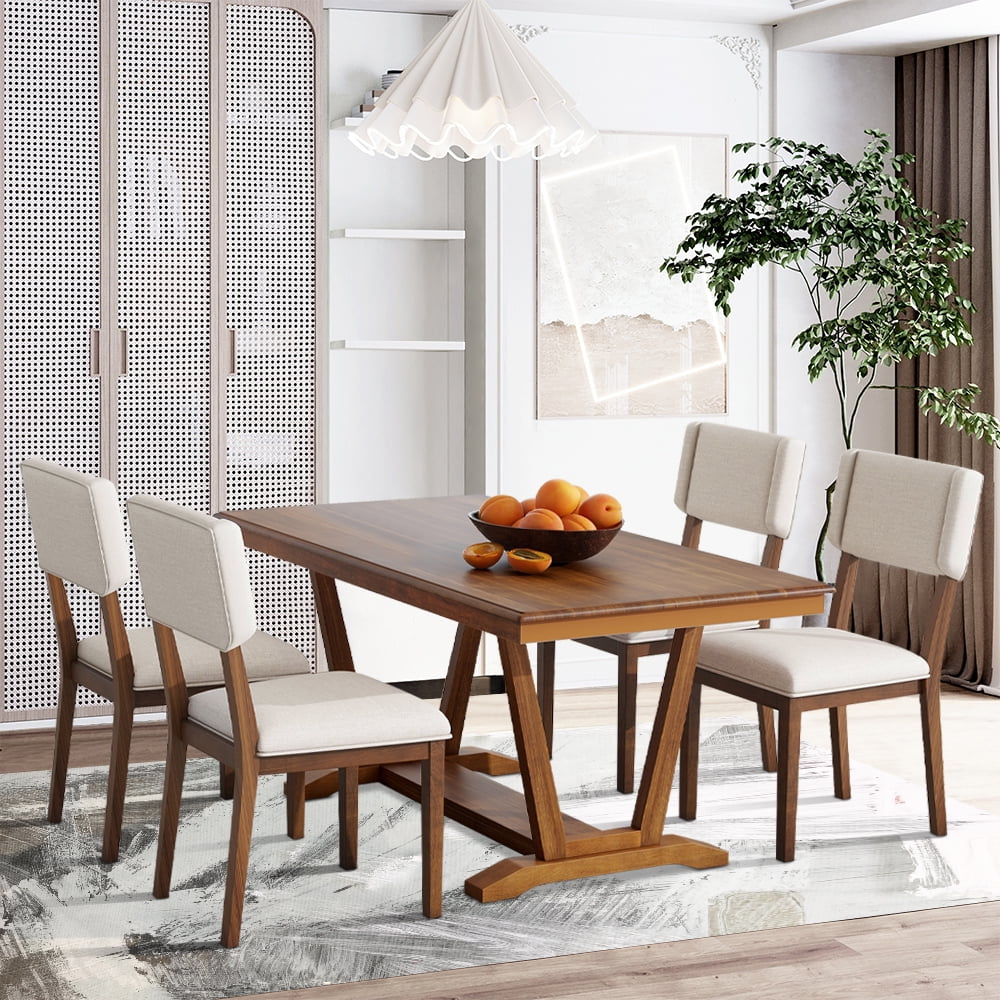 5 Piece Dining Table Set, Atumon Dining Table Set for 4, Wood Dining Room Set with 1 Table and 4 Upholstered Chairs, Farmhouse Dining Table Set for Kitchen Dining Room Apartment, Walnut