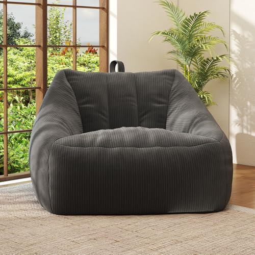 Bean Bags Chairs for Adults, Large Comfy Corduroy Beanbag Couch with Armrests Shell-Shaped Lazy Floor Sofa for Living Room, Bedroom, Gaming, Reading, Grey