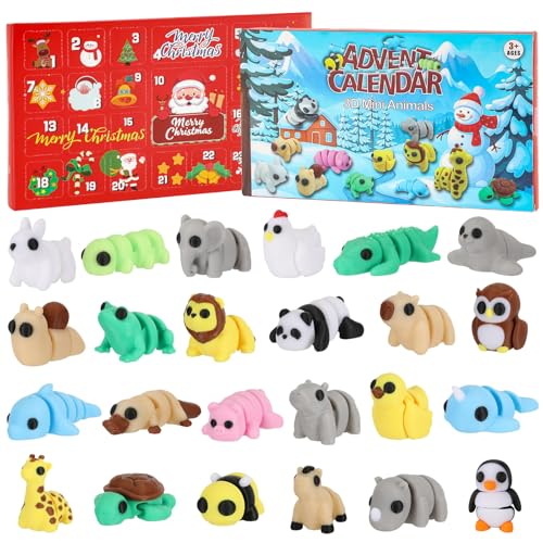 Advent Calendar 2025 Mini 3D Printed Animals Set, 24 Days Christmas Countdown Calendar, 3D Printed Animal Articulated Flexible Fidget Toy, Cute Tiny Animals for Boys Girls Christmas Party Favors Gifts
