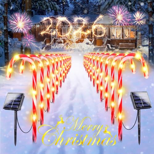 Upgraded 24 Pack Solar Candy Cane Lights Outdoor, Solar Christmas Lights Outdoor Waterproof with 8 Modes, Xmas Pathway Candy Cane Christmas Decorations Outside for Garden Lawn Yard Party