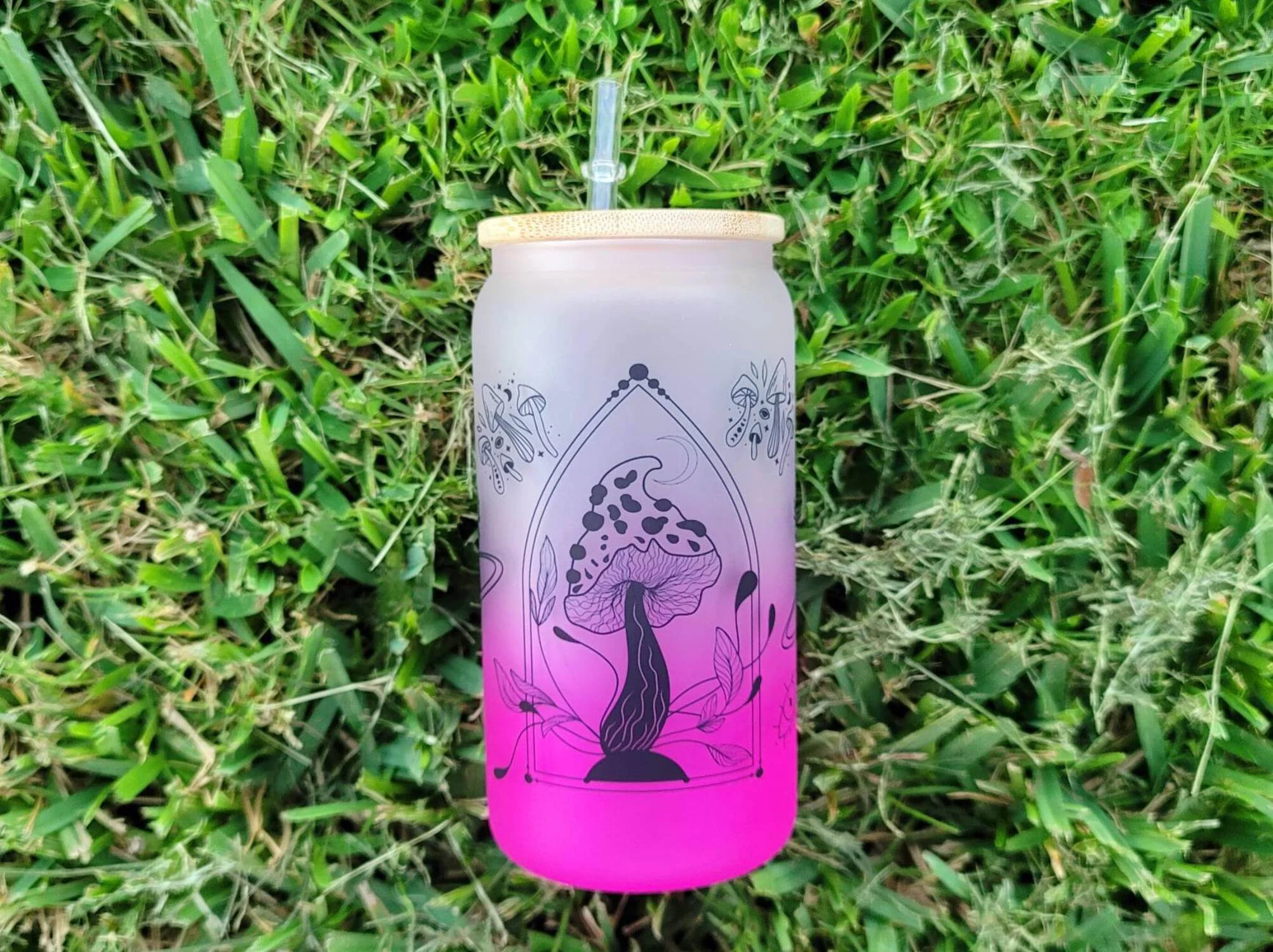 Mushroom Beer Can Glass | Boho Mushroom Coffee Glass | Aesthetic Coffee Glass | 16 oz