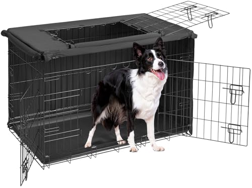 Veehoo 48 inch Dog Crate for Large Dogs with Three Doors & Cover-Metal Wire Dog Cage Kennels & Houses for Puppy&Cat, Indoor Outdoor Collapsible Metal Contour Dog Crate Kennels Kit with Removable Tray