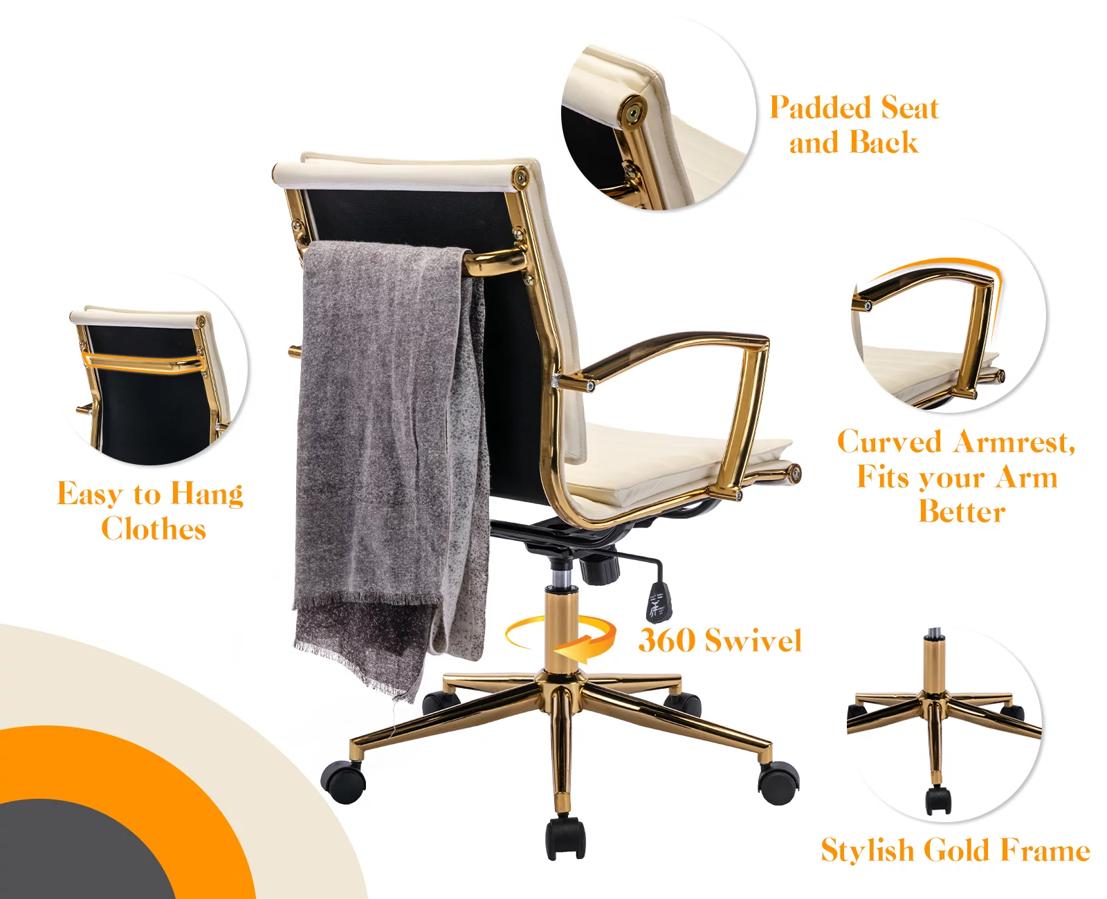 Guyou Faux Leather Swivel Office Chair, Modern Wide Seat Adjustable Height Computer Desk Chair with Backrest and Wheels, Ergonomic Task Chair Conference Chair with Armrests and Gold Metal Base, Beige