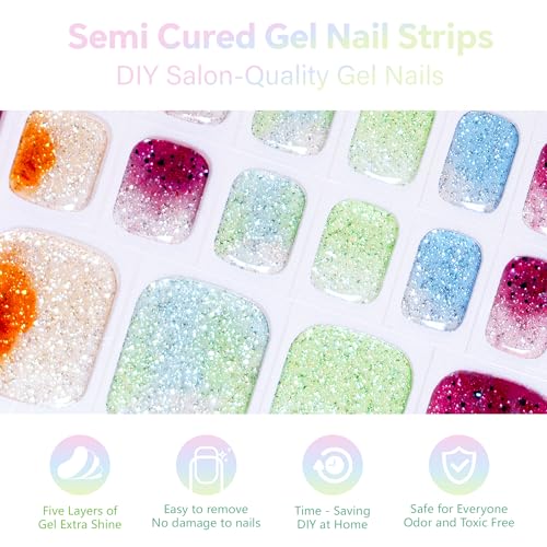 Semi Cured Gel Nail Strips-Easy Apply Christmas Gel Nail Stickers Holiday Semi Cured Manicure Strips with Sparkling Xmas Designs (Classic Yule)