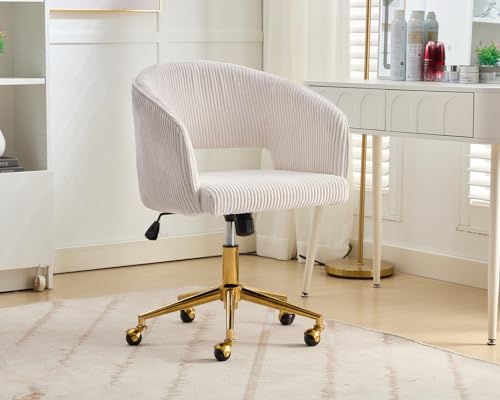 Home Office Chair Swivel Velvet Desk Chair Accent Armchair Upholstered Modern Tufted Chairs with Gold Base for Girls Women Ergonomic Study Seat Computer Task Stools for Living Room(Cream)