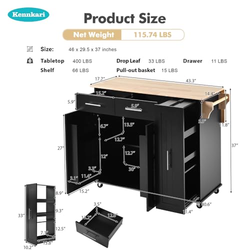 Rolling Kitchen Island on Wheels with Storage 3 Tier Cabinet and Drawers, Table with Towel and Spice Rack, Cart with Drop Leaf and Power Outlet (Type P. Black)