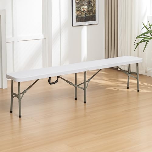 BTEXPERT 6 feet Plastic Folding Bench Indoor Outdoor Portable Picnic Party Garden Dining Seat Camping Soccer Multipurpose Activities w/Handle UV Waterproof Steel Frame Stackable FoldnHalf