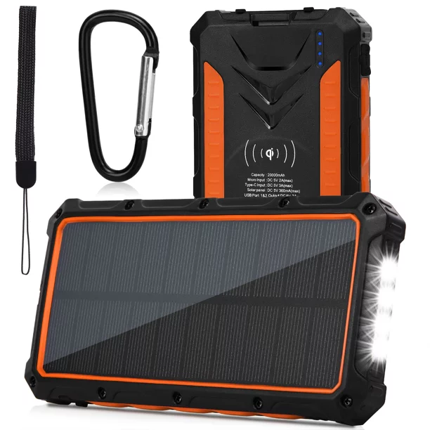 Heavy Duty Solar Power Bank, Qi Portable Charger 20,000mAh External Battery Pack Type C Input Port Four LED Flashlight, For Mate 30 RS Porsche Design With Solar Panel Charging