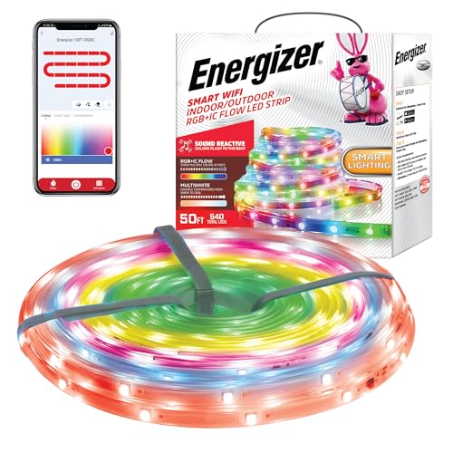 Energizer Smart Indoor & Outdoor RGB+IC+WW LED 50 Foot Light Strip, Sound Reactive, IP65 Waterproof, Remote Access App & Voice Control with Alexa, Siri, Google, Grouping, Scheduling, Wi-Fi No Hub