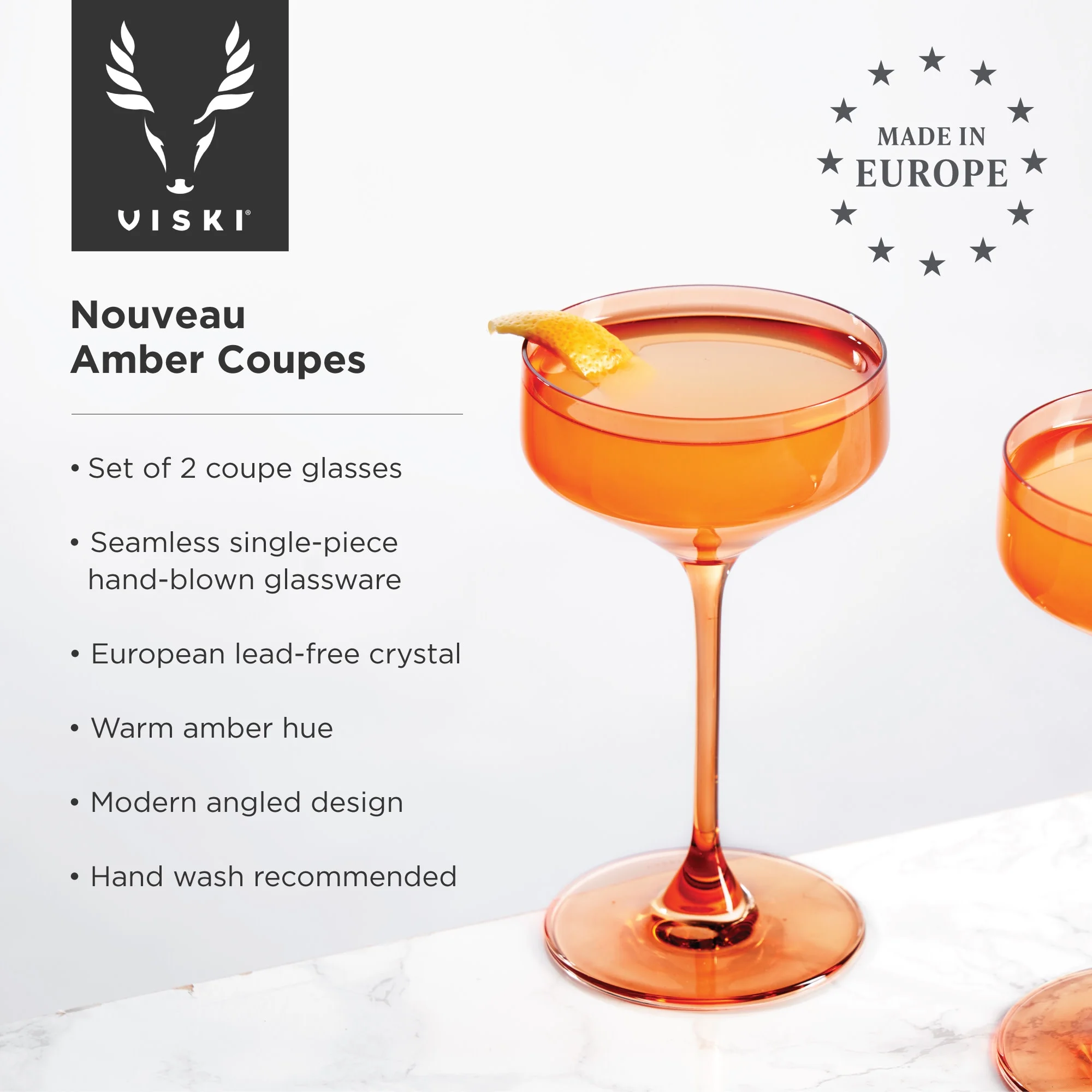 Viski Reserve Nouveau Amber Coupe Cocktail Glasses - Crystal Colored Coupe Glasses Colorful Martini Glasses - 6.5oz Long Stem Glassware Set Set of 2