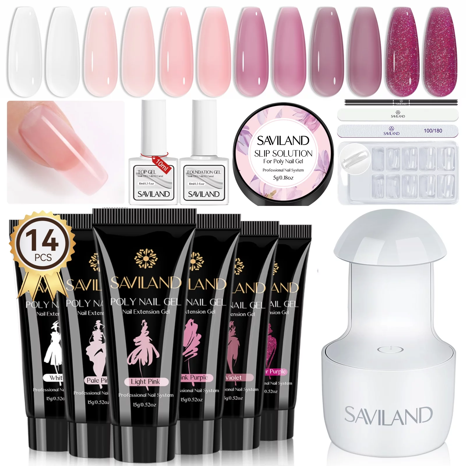 Saviland Poly Extension Gel Nail Kit ? 6 Colors Poly Nail Gel Kit with Nail Lamp ,Base and Top Coat ,Poly Brush Slip Solution For Builder Nail Gel