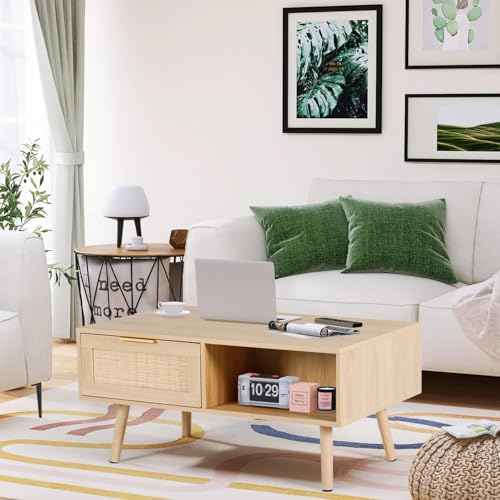 LAZZO Rattan Coffee Table Mid Century Modern Center Rectangular Tables with 2 Drawers and Open Storage Shelf Wooden Small Media Table for Home Living Room,Office Natural Wood