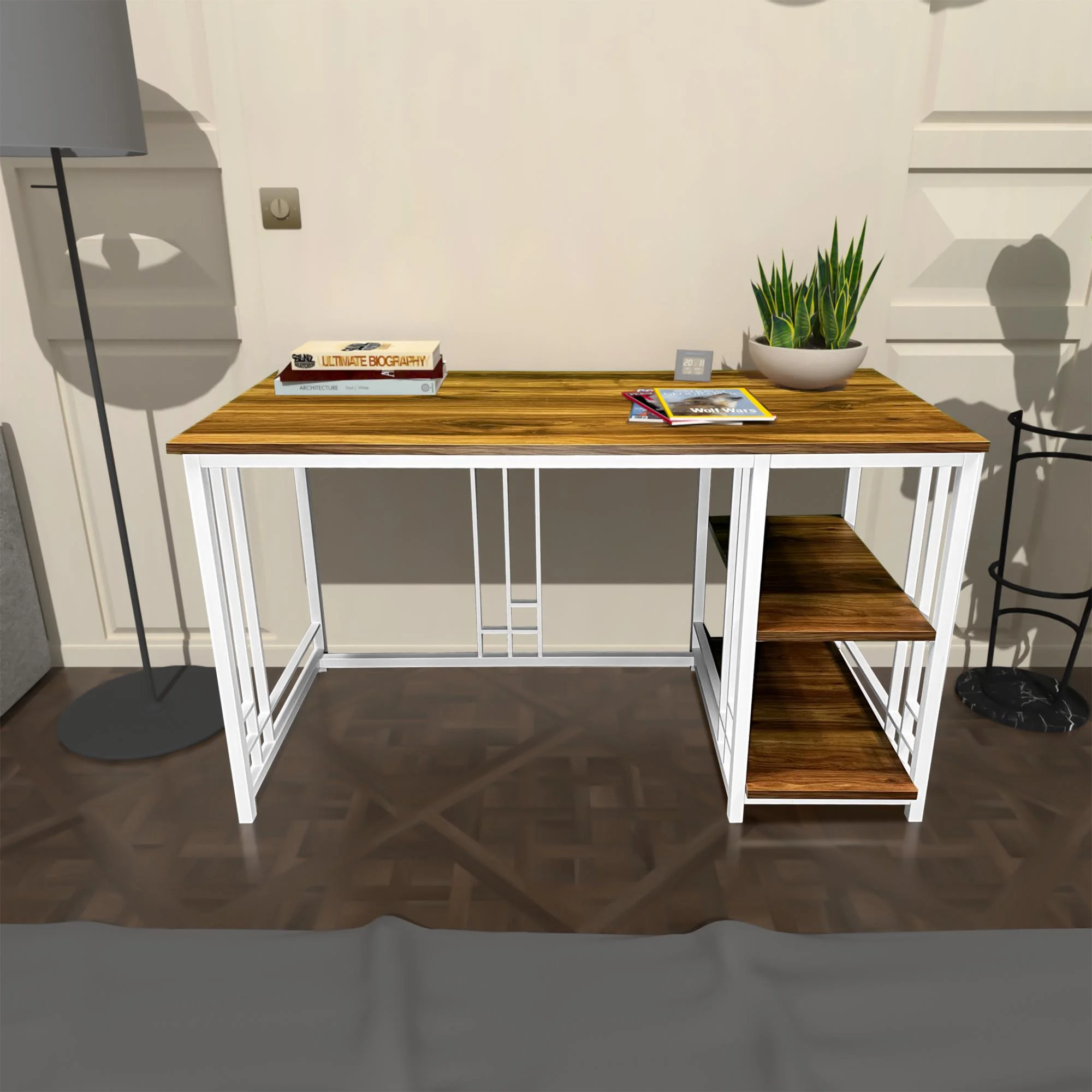 Modern Metal Leg Desk with 2 Shelves for Office or Home Use