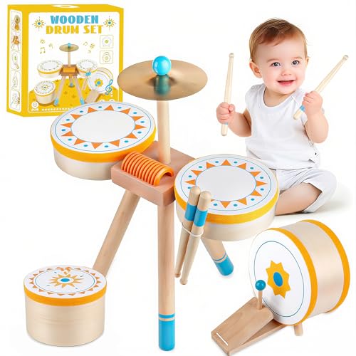Toddlers Drum Set Toy for 1 2 3 Years Old ,Kids Wooden Jazz Drum for Toddlers Montessori Musical Instruments for Boy Girl, Percussion Set Baby Musical Toys, Birthday Gift for 1 2 3+ Kids Baby