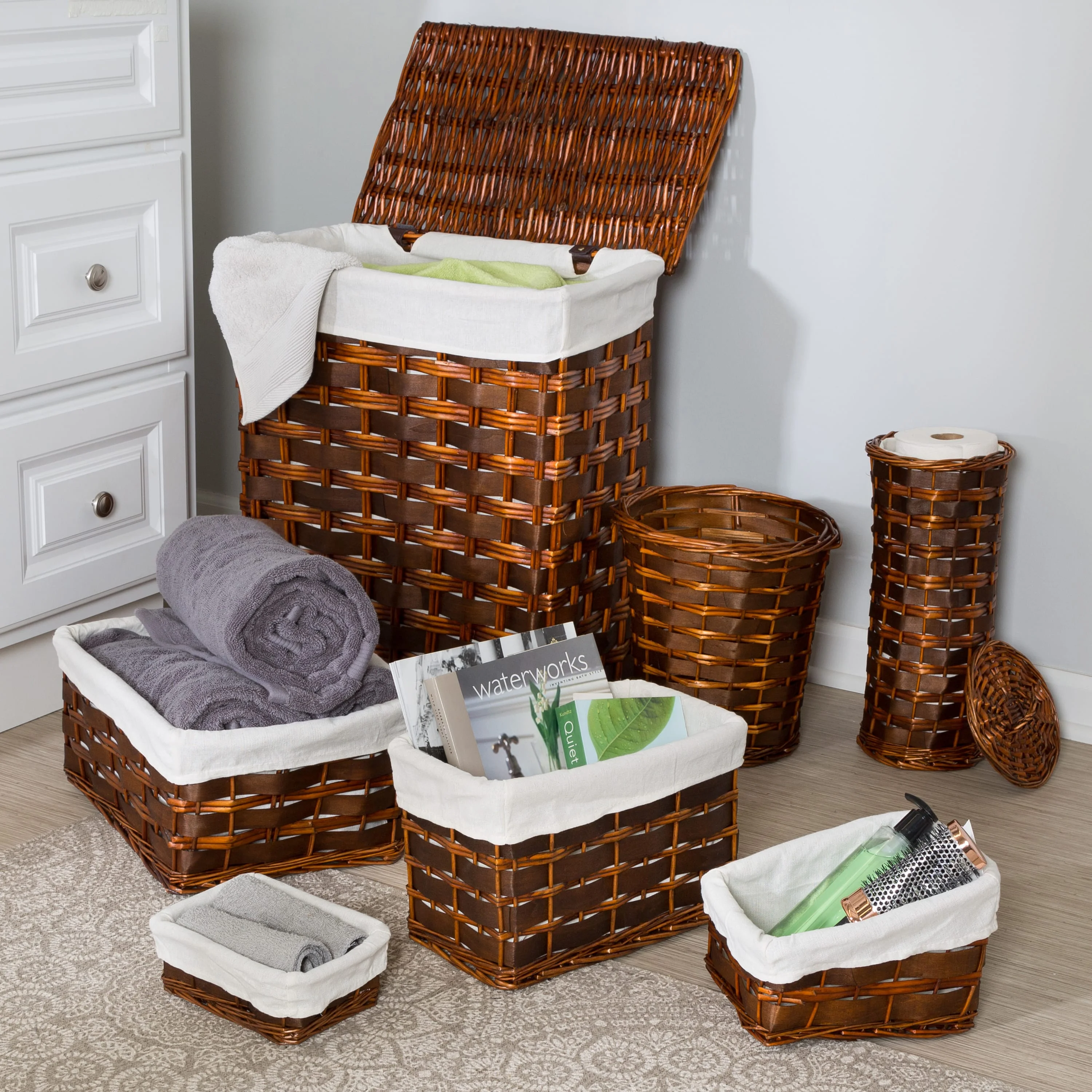 Honey-Can-Do Wicker Laundry Hamper and Bath Storage Basket Set of 7, Brown/Natural